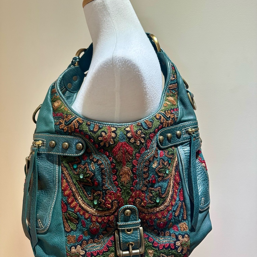 Leather Hobo Embroidered Teal Shoulder Bag